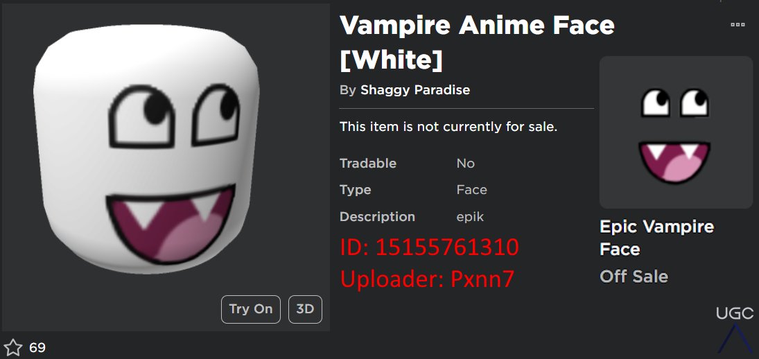 Peak” UGC on X: After being deleted by Roblox moderation, UGC creator  RealKaxyto reuploaded the Epic Vampire Face knockoff. The rest of the  faces in the quoted tweet are still up. #Roblox #