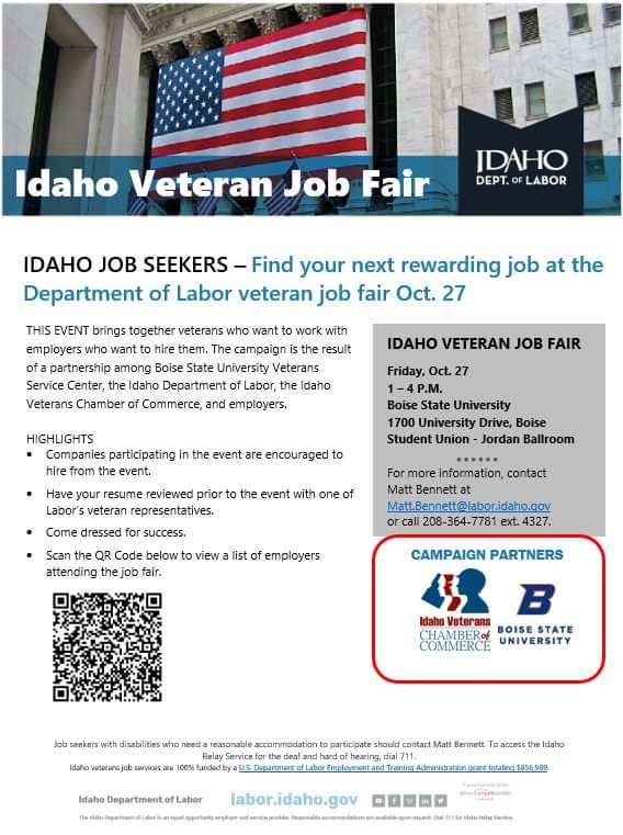 Career fair at Boise State University! 
Friday, October 27th from 1-4PM! 
Come see us, and learn about all the incredible career opportunities there are for #veterans! 

#veterancareer #veterancareers #veteranemployment #hiringveterans #nowhiring