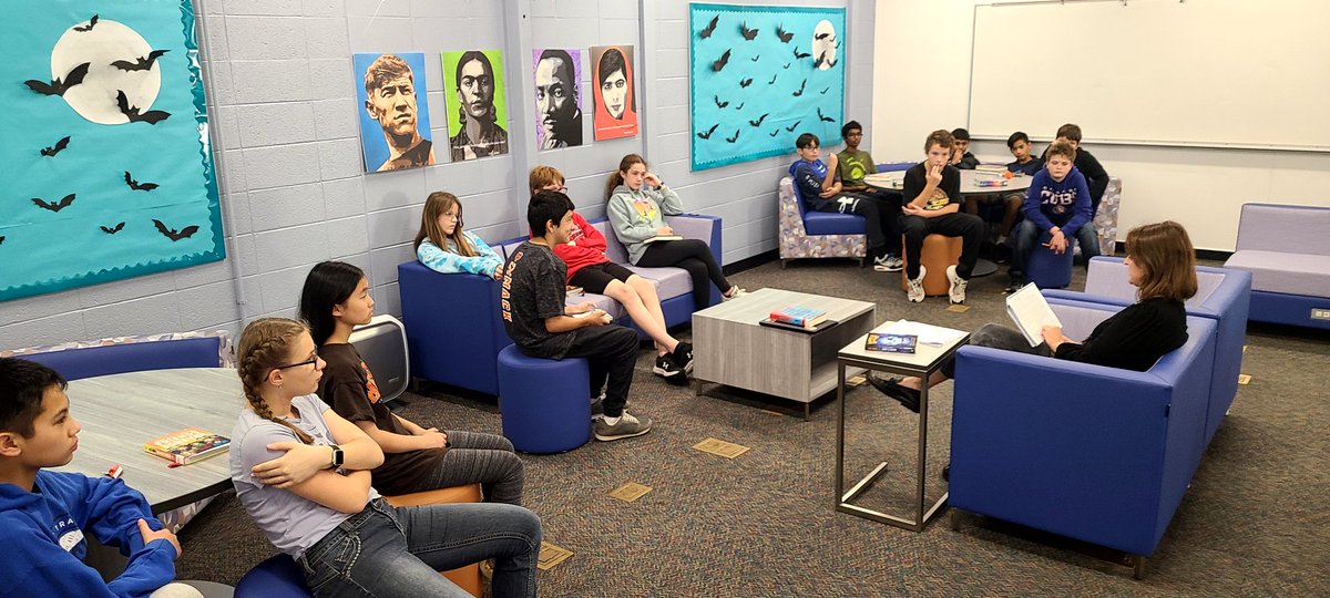 RitchieRoom16's tweet photo. Just so you know, 7th graders still enjoy a good scary read aloud! Thanks Ms. Milos! We love the new LRC.  #RTMSsparks @rtms_lrc https://t.co/b4pjHIO9uI