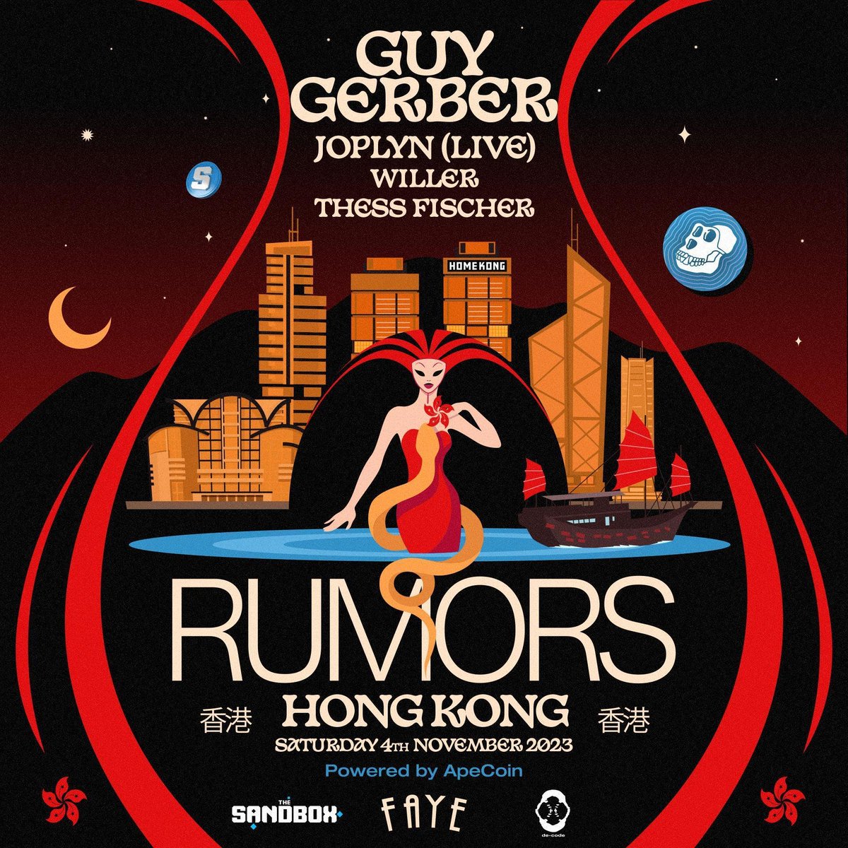 Guy Gerber’s RUMORS is coming to Hong Kong as an after-party following the official ApeFest main event on Saturday November 4th.

The @ApeCoin DAO has secured 200 tickets to this event for @ApeCoin DAO members who are attending ApeFest.

RUMORS is taking place at FAYE Nightclub