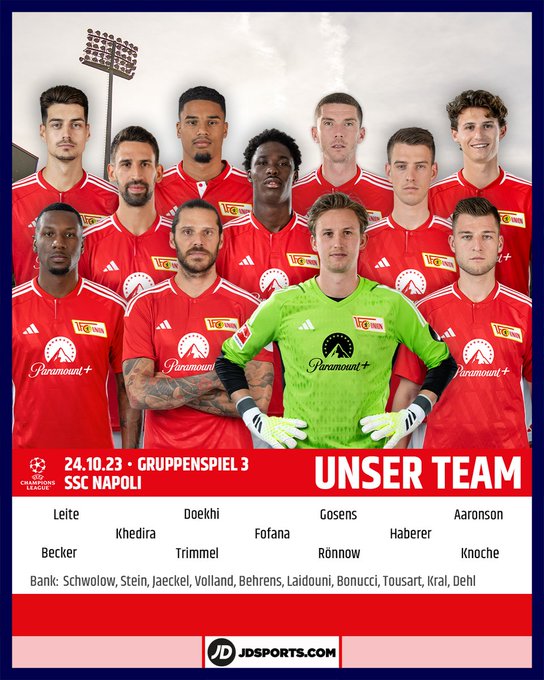 Die Startelf für das dritte Gruppenspiel gegen Napoli: Leite, Doekhi, Gosens, Aaronson, Khedira, Fofana, Haberer, Becker, Trimmel, Rönnow, Knoche