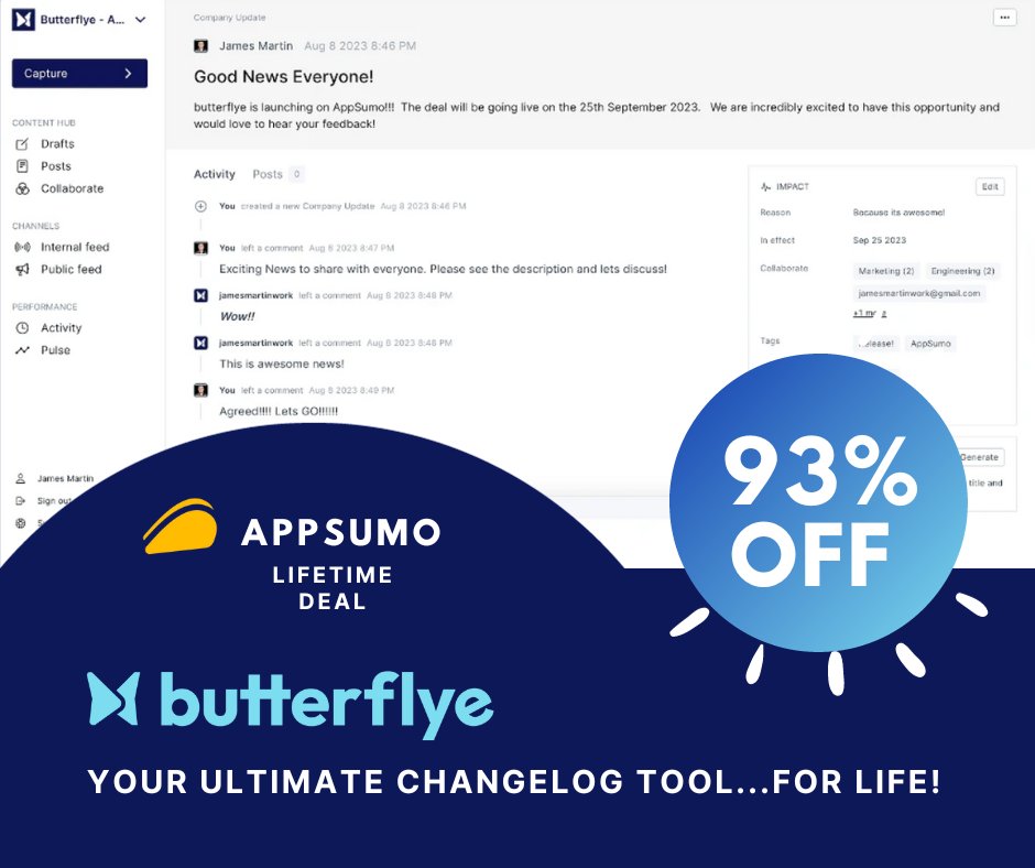 👀 93 Reasons why you should jump on this deal of a lifetime!
Lifetime deal at AppSumo>> appsumo.8odi.net/PyBLYR

Or Learn even more at butterflye.io
#productannouncement #productlaunch #appsumo #butterflyesolutions #customerfeedback #productroadmap