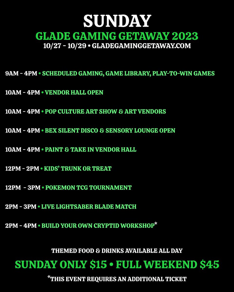 Take a look at our daily main event schedules for Glade Gaming Getaway this weekend. There's so much to do every day!