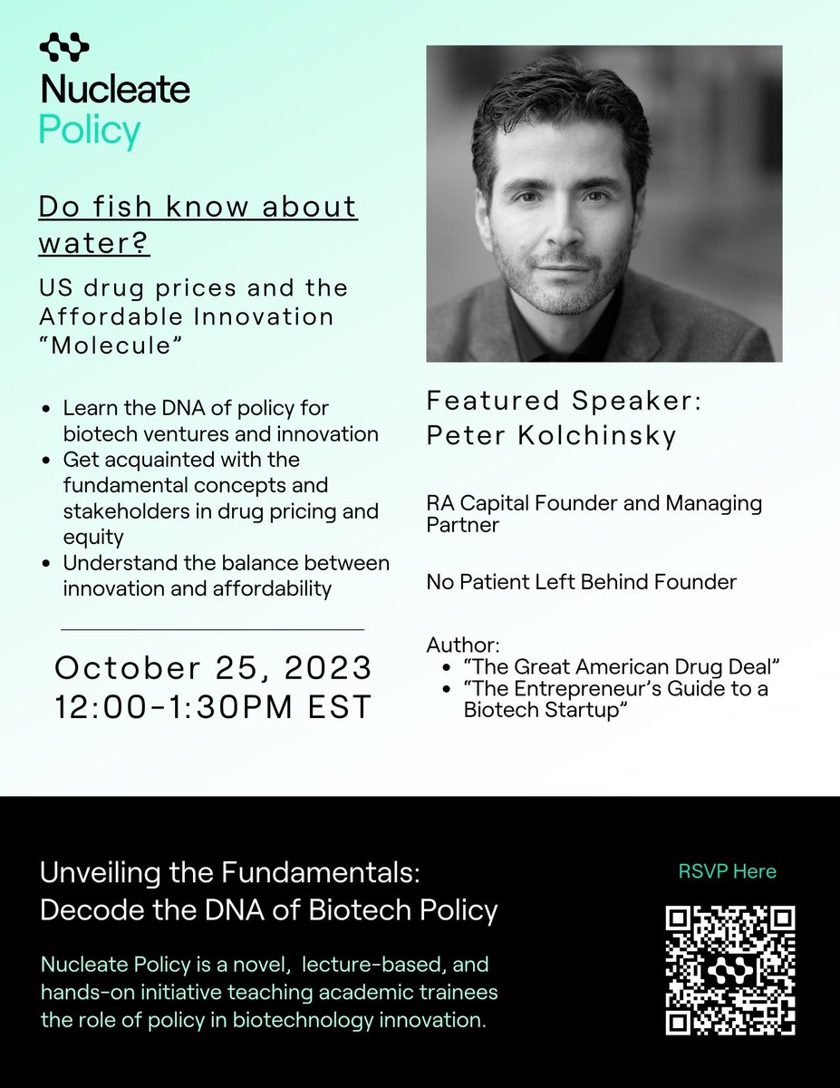 Join Nucleate Policy's first lecture series on Drug Pricing &amp; Equity. Come learn the key players &amp; determinants driving US drug pricing from RA Capital founder and Managing Partner, writer, and patient advocate <a href="/PeterKolchinsky/">Peter Kolchinsky</a>.

Register here: nucleate.typeform.com/to/pBZh9s1h?ty…