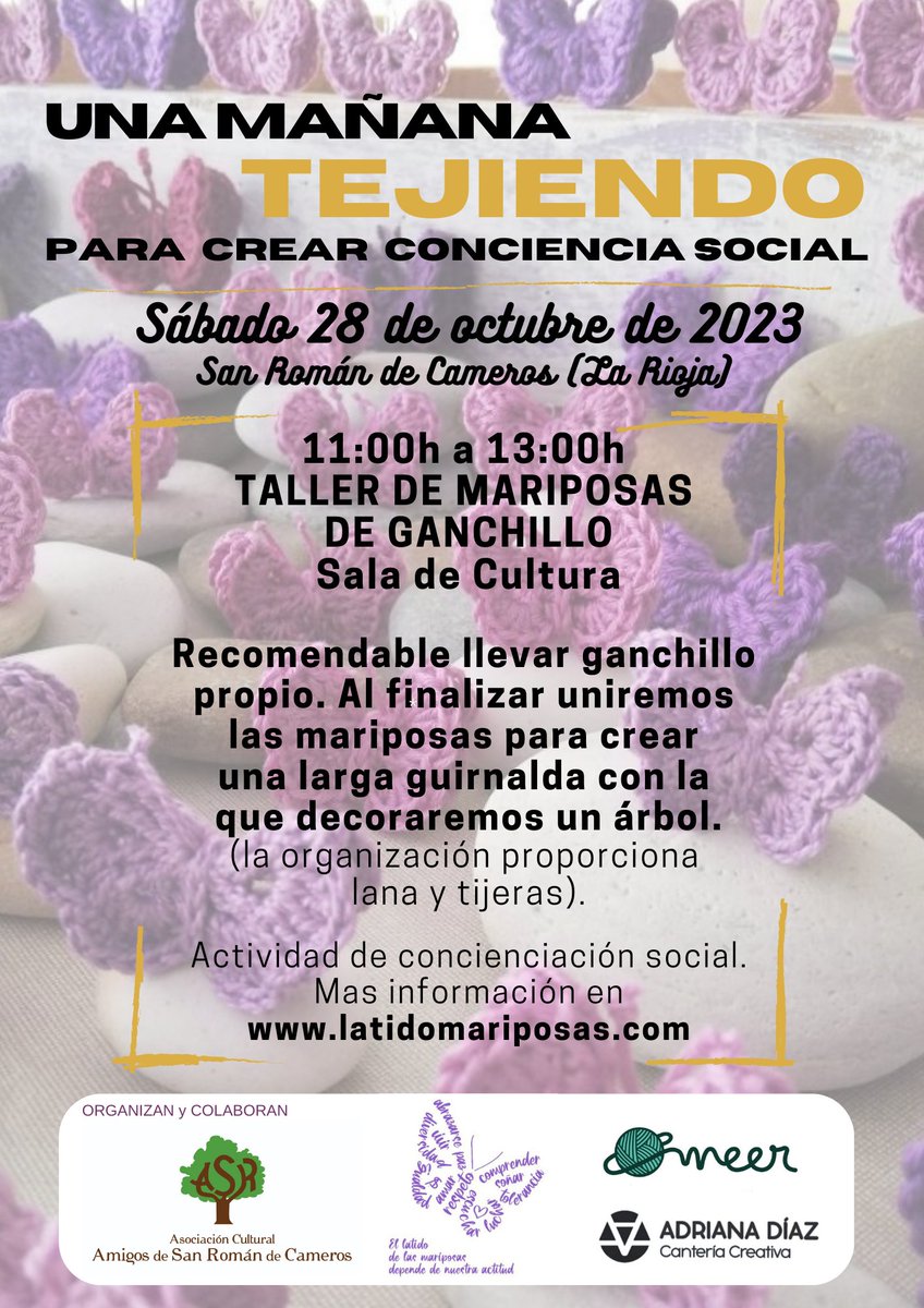 SanRomanCameros's tweet photo. El sábado 28/10 realizamos una nueva actividad solidaria y de concienciación social de la mano de https://t.co/BvGQ5yw7yg 
De 11h a 13h en la sala de cultura, recomendable llevar ganchillo propio (la organización proporciona lana y tijeras). Gratuito. 
https://t.co/6x0zaNYM1A https://t.co/GHKuweaQjl