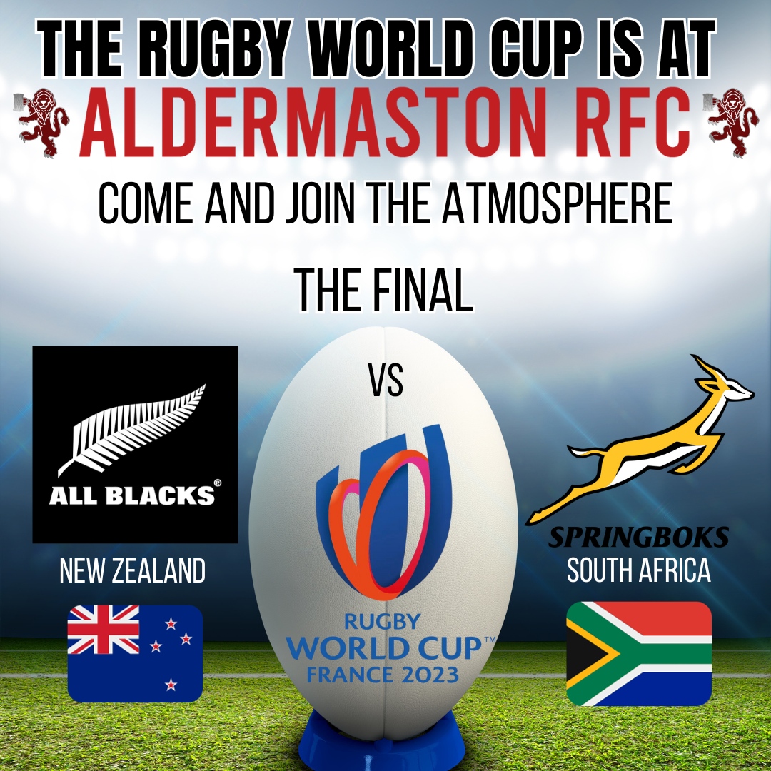 Aldermaston_RFC's tweet photo. 🏉 Calling all rugby fans! 

Join us at Aldermaston Rugby Club from 5pm for the Rugby World Cup Final, All Blacks vs Springboks.

Who will win? Tell us in the comments who you think will lift the trophy. 🏆👏 

#AldermastonRFC #WorldCupFinal #AllBlacksVsSpringboks https://t.co/zRrV9dBjku