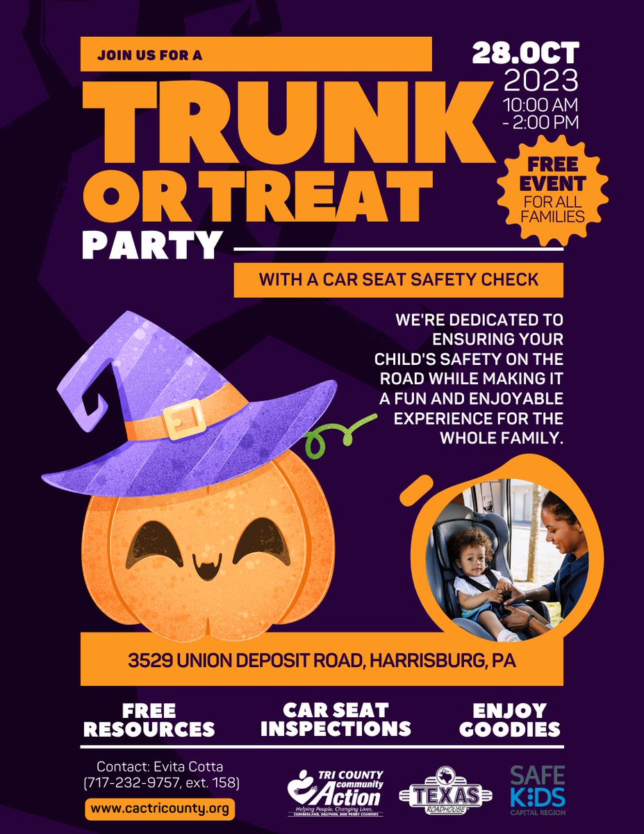 Join us for a special Child Seat Safety Event, hosted by Tri County Community Action in partnership with Texas Roadhouse and Safe Kids.