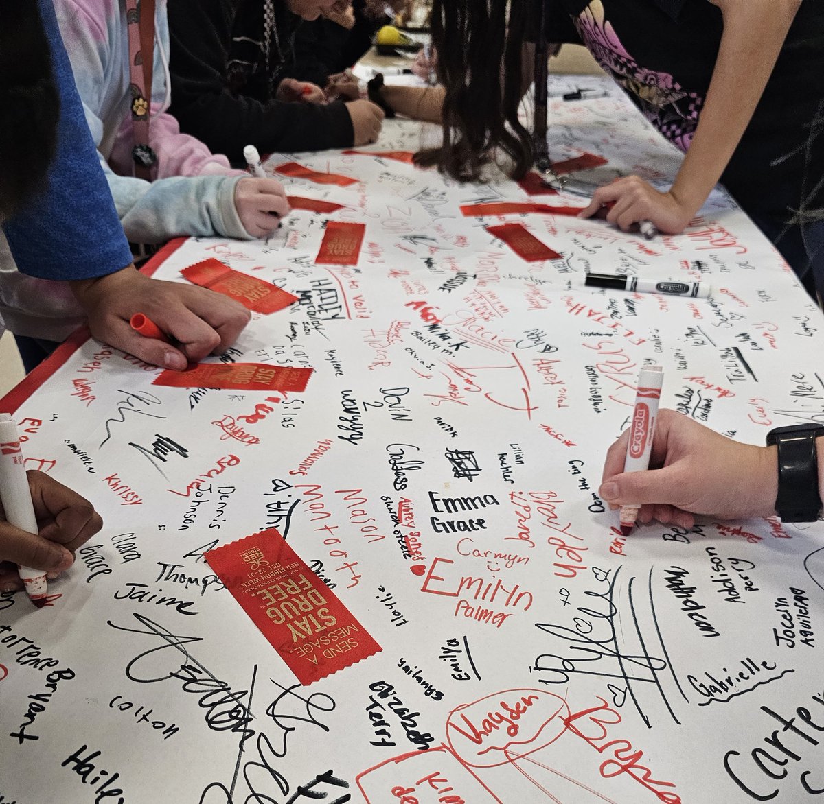 whit_farrell's tweet photo. Day 2 of #CSMSRRW students signed the pledge banner during grade level lunches (shoutout to our amazing art teachers for creating such an amazing banner!)  #BeKindToYourMind ❤️🧠 @CSMS_Huskies #RedRibbonWeek2023 https://t.co/VScedPJhvp