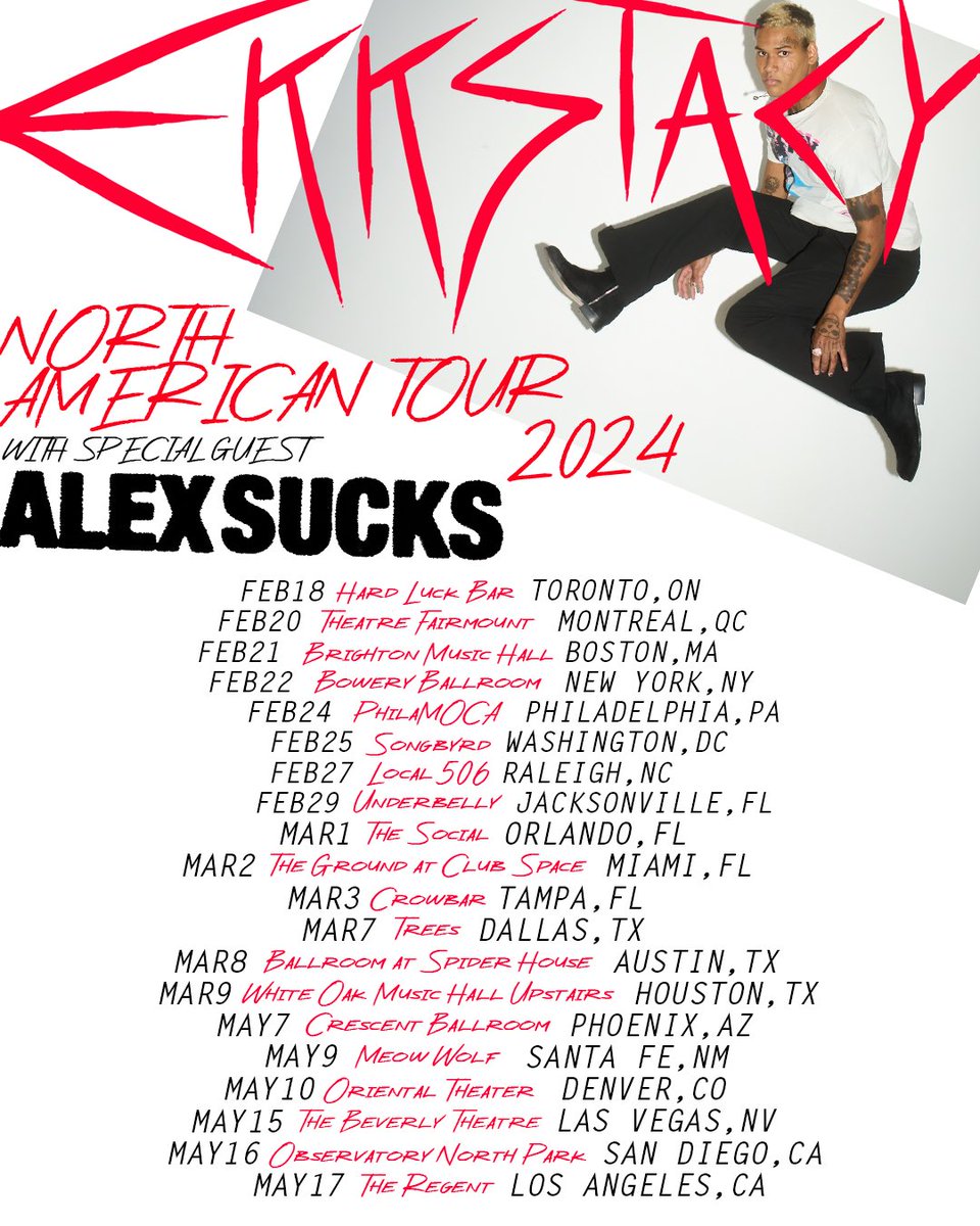 ekkstacy's tweet photo. North America. Going on tour…again.. and @alexsucksband is coming. I’m stoked. See you next year. Tickets on sale Friday at 10am. Pre-sale starts tomorrow CODE: BELLA https://t.co/y5Xw5S0Dr4