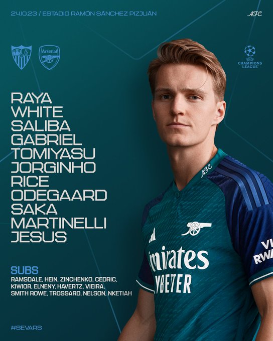 Starting XI: Raya, White, Saliba, Gabriel, Tomiyasu, Jorginho, Rice, Odegaard, Saka, Martinelli, Jesus. 

Substitutes: Ramsdale, Hein, Zinchenko, Cedric, Kiwior, Elneny, Havertz, Vieira, Smith Rowe, Trossard, Nelson, Nketiah.