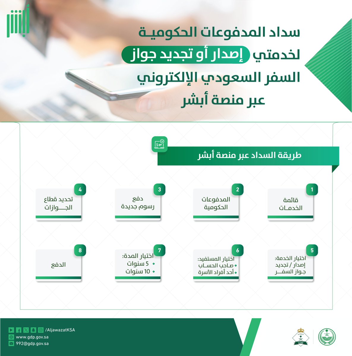 AljawazatKSA's tweet photo. تعرف على خطوات سداد المدفوعات الحكومية لخدمتي إصدار وتجديد جواز السفر السعودي الإلكتروني عبر منصة ⁧#أبشر⁩ .  ⁧#الجوازات_في_خدمتكم https://t.co/SQ0p6dSSqT