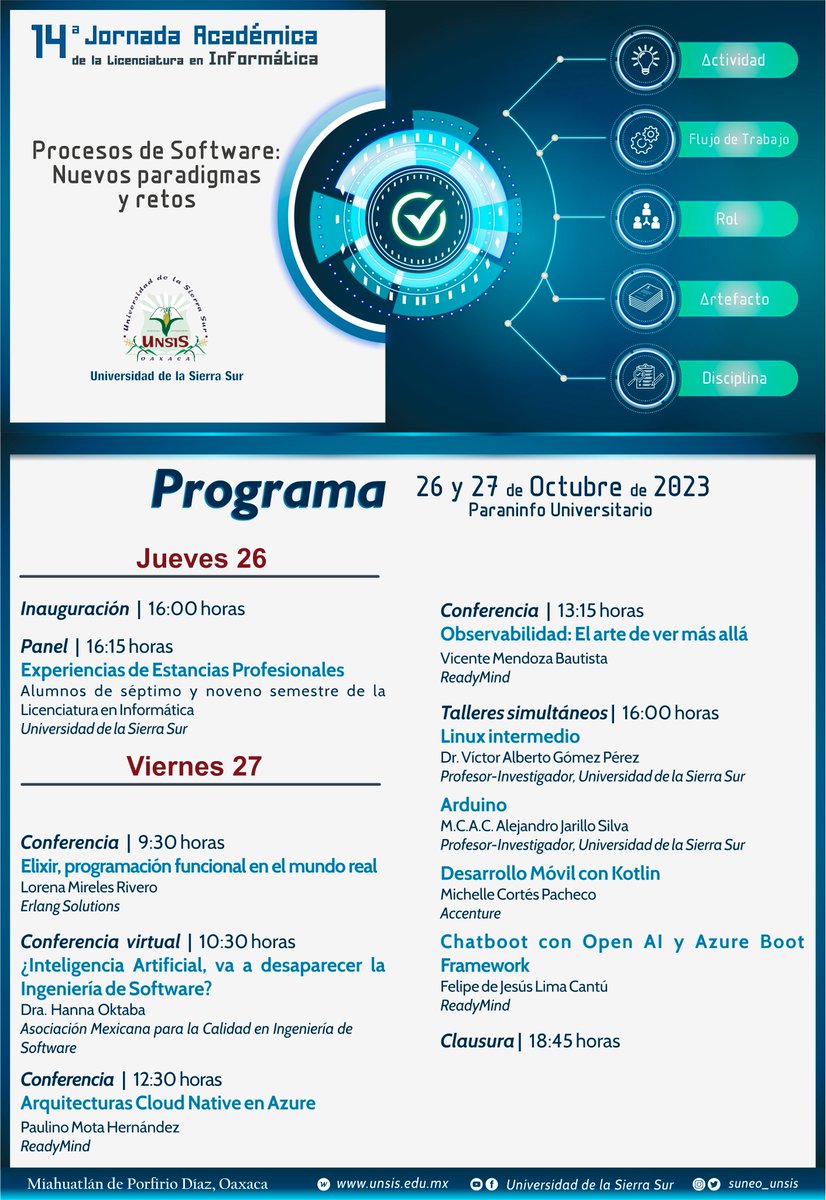 SUNEO_UNSIS's tweet photo. #ComunidadUNSIS
Los invitamos a participar en las actividades de la 14a Jornada Académica de la Licenciatura en Informática “Procesos de Software: Nuevos paradigmas y retos”, que se llevará a cabo los días 26 y 27 de octubre del presente año, en el Paraninfo Universitario

#SoyLI https://t.co/SPo4udGMdx