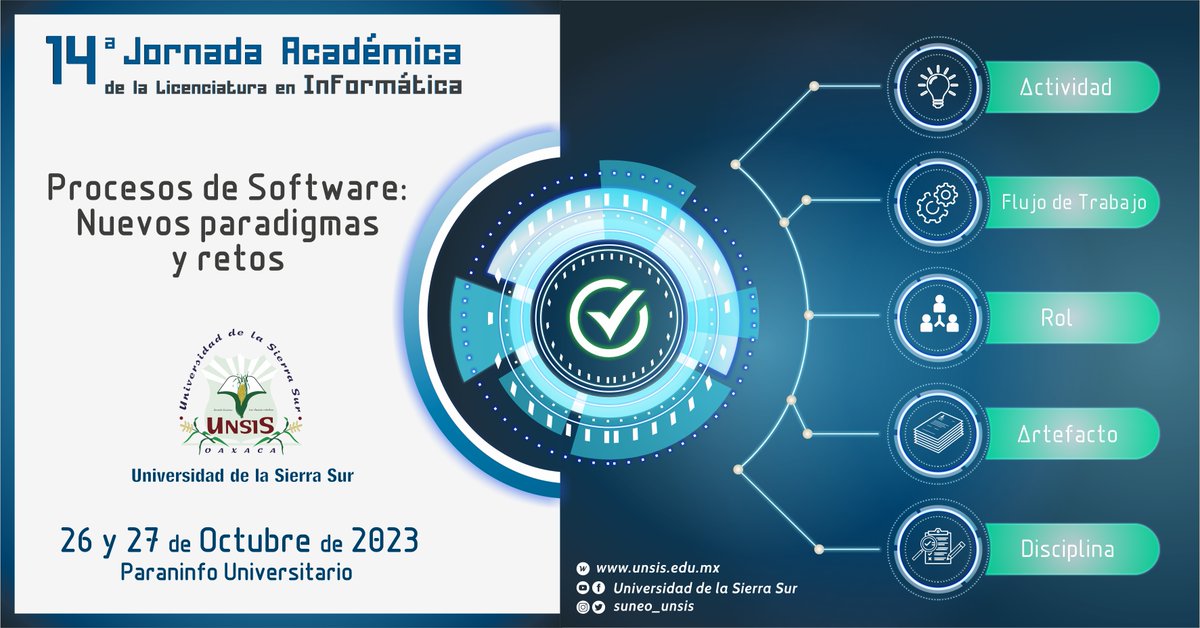 SUNEO_UNSIS's tweet photo. #ComunidadUNSIS
Los invitamos a participar en las actividades de la 14a Jornada Académica de la Licenciatura en Informática “Procesos de Software: Nuevos paradigmas y retos”, que se llevará a cabo los días 26 y 27 de octubre del presente año, en el Paraninfo Universitario

#SoyLI https://t.co/SPo4udGMdx