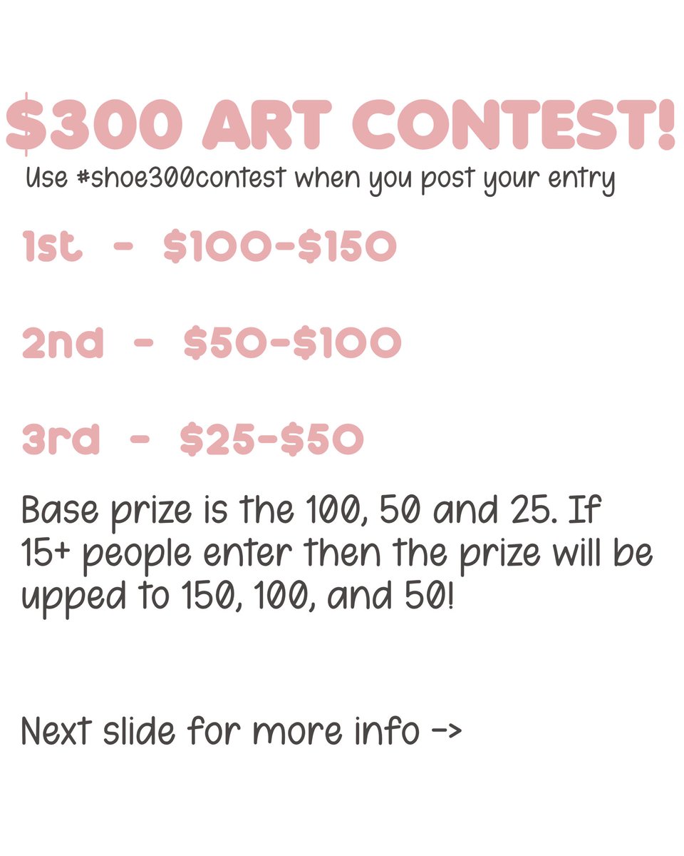 hiranotaigas's tweet photo. -ˏˋ $300 Art Contest! ´ˎ˗
[#shoe300contest] 

Hii im hosting an art contest with a prize pool of 300$!

More information in thread https://t.co/bZ60YUJwb9