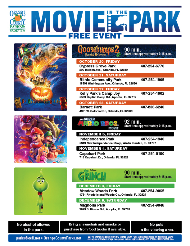 OrangeCoParksFL's tweet photo. CREEPY OCTOBER FUN! @OrangeCoParksFL free Movie in the Park: 
Goosebumps 2: Haunted Halloween at 7pm!
#KellyPark: #CampJoy Fri. 10/27
#BarnettPark: Sat. 10/28

Details: https://t.co/oxfsBgTQsk

@OCFLmayor @OCFLDistrict2 @mymikescott @oclslibrary https://t.co/RFM081A7mm
