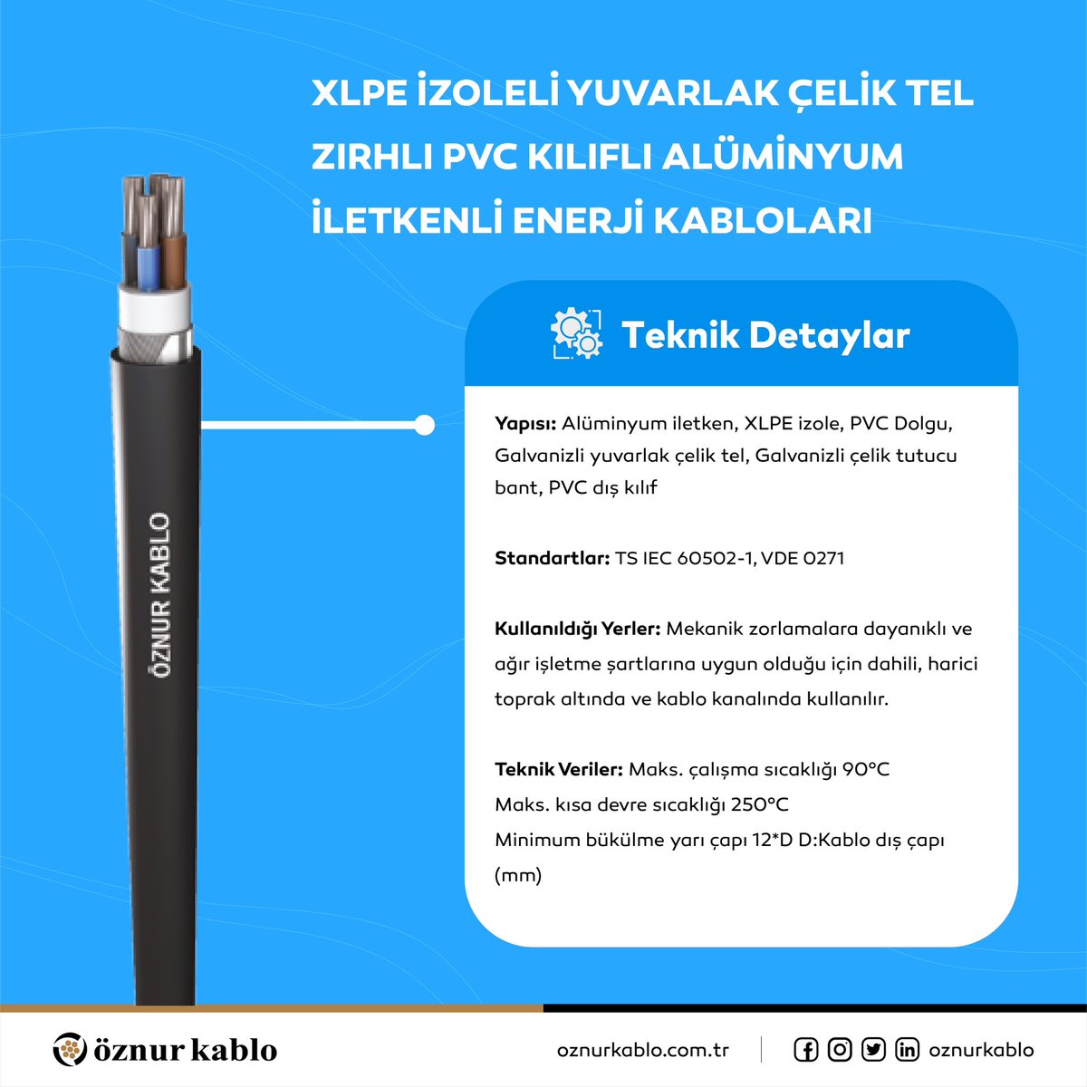 oznurkablo's tweet photo. Mekanik zorlamalara dayanıklı ve ağır işletme şartlarına uygun olduğu için dahili, harici toprak altında ve kablo kanalında kullanılır.
#öznurkablo #kablo #enerji #elektrik #alçakgerilim #ortagerilim #flamcor #elektriktesisatı #elektrikproje https://t.co/3lxmW0FKvq