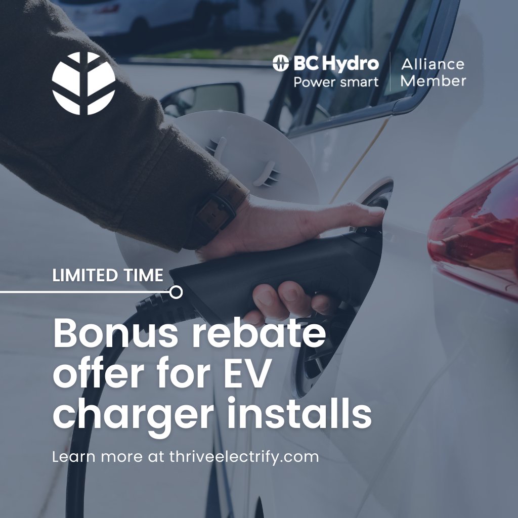 ThriveElectrify's tweet photo. Hurry before funds run out! BC Hydro is still offering a bonus rebate offer for condos/apartments and workplaces to purchase and install eligible level 2 EV chargers.
For more information visit https://t.co/4Z6MJ7GNuT
#EVChargingRebates #ZEVIP #BCHydro #ThriveElectrify https://t.co/VadNA9K4bK