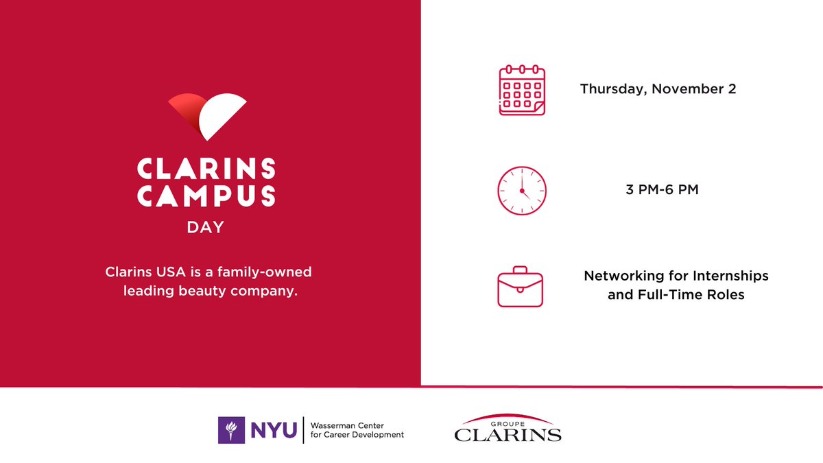 Join Clarins USA for Clarins Campus Day, which will allow students across various industries and backgrounds to network with their teams and learn more about life at Clarins, as well as internship and job opportunities.
RSVP: tinyurl.com/clarinscampusR…