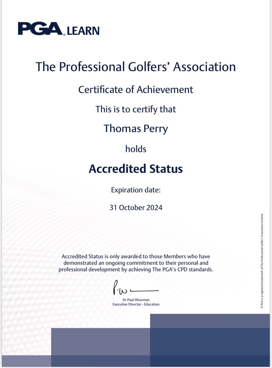 tomperrygolf's tweet photo. Pleased to get my PGA accredited status through again for another year! Always important to keep up to date and continue to learn! Very proud to be a PGA Professional! @AbbeydaleGolf @ThePGA @PGAYorkshire https://t.co/wH2VNSmthp