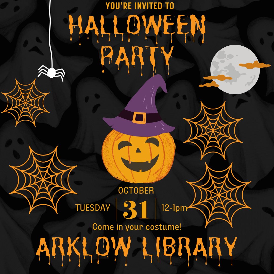 Come along to #Arklow Library on Tuesday, the 31st of October, from 12-1 p.m. for a Spooktacular Halloween Party. Come along in your costumes, and if you can scare the staff, you win a free library membership for life! 😉 No need to book. #Wicklow #YourCouncil