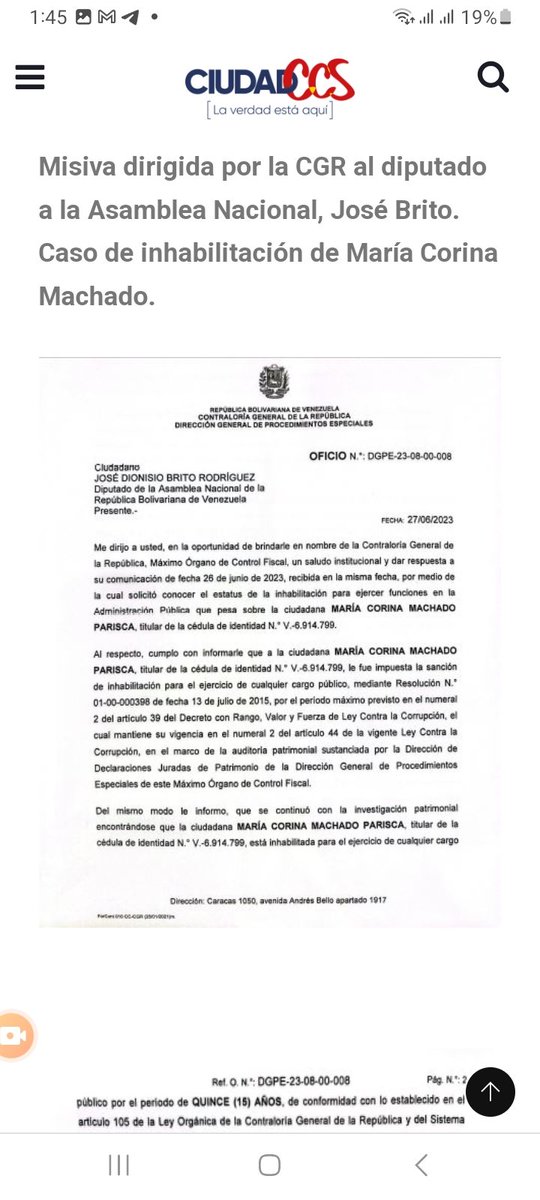 ChavezErtugrul's tweet photo. Aquí está la misiva de la Contraloría General de la República con la explicación DETALLADA DE 

LA INHABILITACIÓN DE MCM 

resolución 01 - 00 - 000398 

Del 13 de julio de 2015

Está inhabilitada por 15 años hasta el 2030

Y les recordamos que estamos en el 2023 https://t.co/V2tMnstt6p