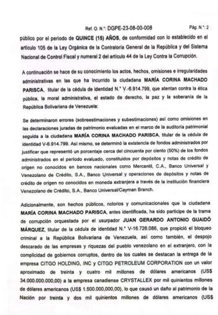 ChavezErtugrul's tweet photo. Aquí está la misiva de la Contraloría General de la República con la explicación DETALLADA DE 

LA INHABILITACIÓN DE MCM 

resolución 01 - 00 - 000398 

Del 13 de julio de 2015

Está inhabilitada por 15 años hasta el 2030

Y les recordamos que estamos en el 2023 https://t.co/V2tMnstt6p