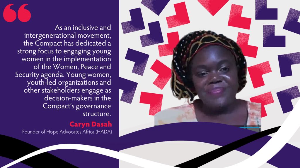 .@Carynoyds of @advocates_hope & GNWP partner in 🇨🇲 @s_cameroon discussed importance of inclusive & intergenerational🤝 movement. She recommended 'signatories develop data accountability systems to track funding & investment to ensure power+resources are placed in hands of youth'