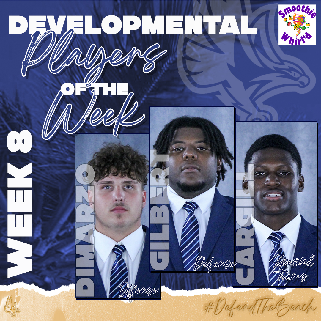 KeiserFootball's tweet photo. Here are this week's Developmental POW (Week 8) sponsored by @SmoothieWhirld

Off. - Dylan DiMarzo➡️ https://t.co/CDQEhSTpwg
Def. - Avrian Gilbert➡️ https://t.co/0XFVlBlu2q
Special Teams - Quadar Cargill➡️ https://t.co/ajiPD6imoK

#DefendTheBeach #SeahawkFast https://t.co/vMbZKVpCQv