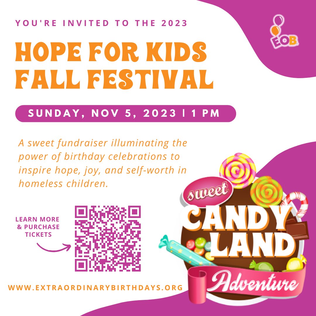Prepare for an enchanting day at the Hope for Kids Fall Festival! Our Candyland Adventure is ready to whisk you away into a world of laughter, games, an exclusive adult experience– your ticket fuels our mission to sprinkle joy into homeless kids' lives. bit.ly/eobhfk2023