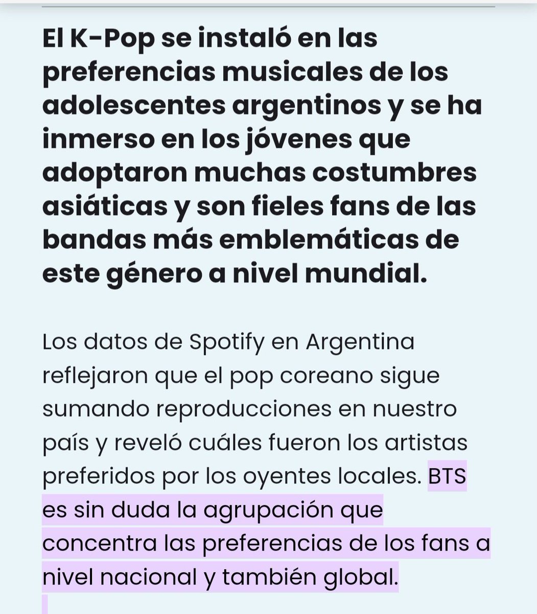 saysaynob's tweet photo. Spotify Argentina dijo q el kpop creció mucho acá. Pero en realidad solo #BTS suena. "Es el preferido x los oyentes locales". Y actualmente @BTS_twt es el único grupo coreano q aparece en Spotify 🇦🇷.

Evidentemente en éste país el público general no consume el kpop, solo BTS. https://t.co/Ild8DpwgvO