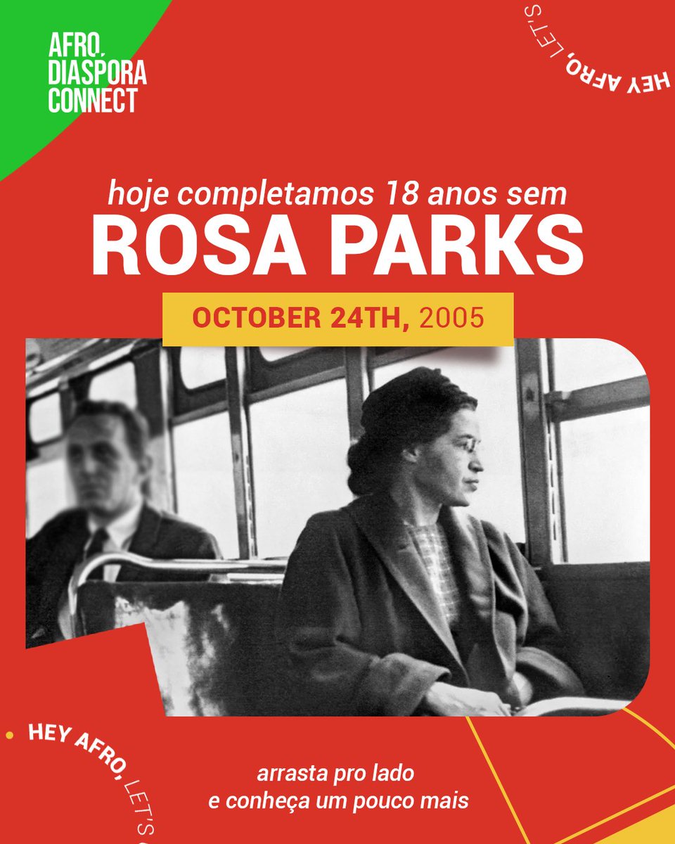 AfroDspConnect's tweet photo. 🖤✨ Hoje, completamos 18 anos sem Rosa Louise McCauley, conhecida como Rosa Parks. Uma grande ativista negra norte-americana e símbolo do movimento dos direitos civis nos Estados Unidos. Arrasta pro lado e vem saber um pouco mais e relembrar a história dela. 

#RosaParks https://t.co/09OzMrFOdB