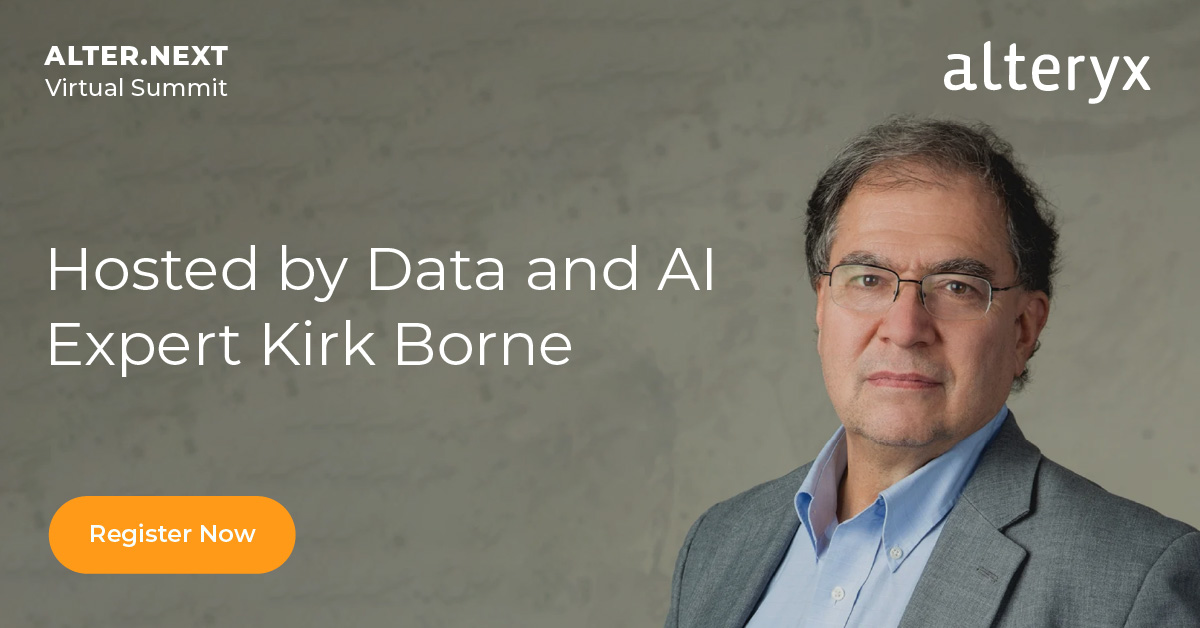 KirkDBorne's tweet photo. Struggling to keep up with the ever-evolving world of #DataAnalytics? 
📊 Let's tackle this challenge together! Join me at the @Alteryx #AlterNext Virtual Summit to access latest #Analytics tools, insights, &amp; strategies. Become an #AnalyticsChampion! Go to https://t.co/4e9zBu0cAN https://t.co/a9KhauFpqT