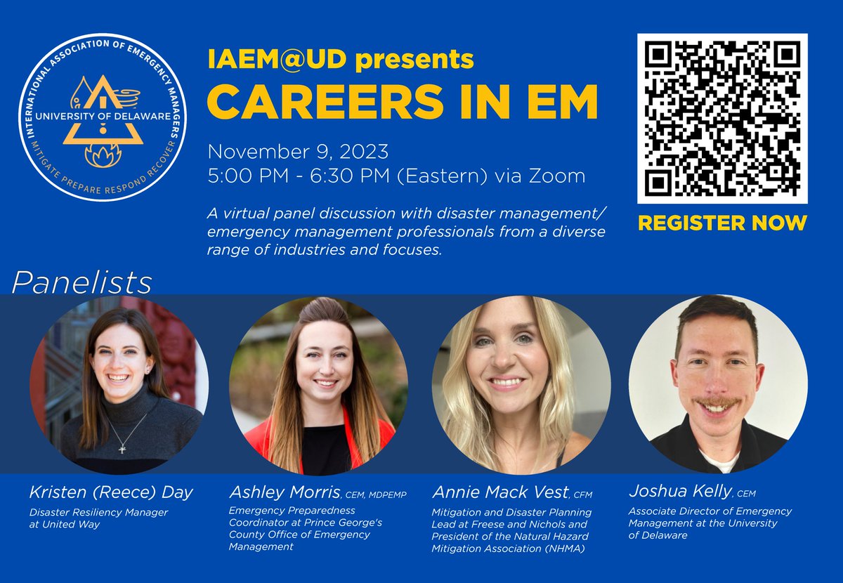 Are you considering a career in emergency management? Join us virtually on November 9th from 5:00 PM to 6:30 PM (Eastern) to learn from emergency management professionals from a diverse range of industries and focuses! Register now for this FREE panel: bit.ly/3rMF86w.