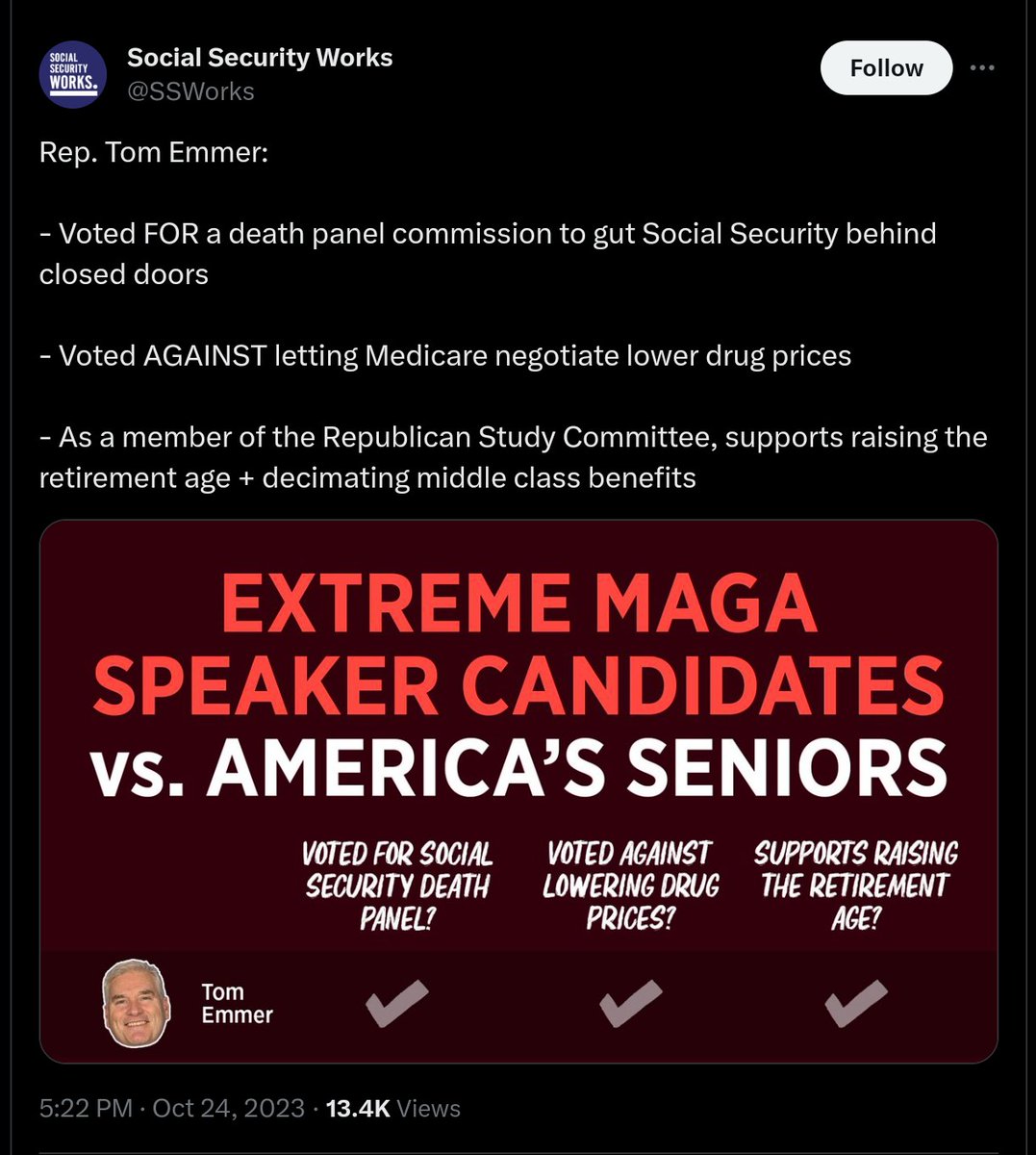 @jerrieskid Reminder: Rep. Tom Emmer (MN) is NOT the 'moderate' choice for Speaker of the House. He is also a MAGA extremist that supported the Texas lawsuit to overturn the 2020 election AND wants to gut Social Security. Rep. Emmer must never become the House Speaker.