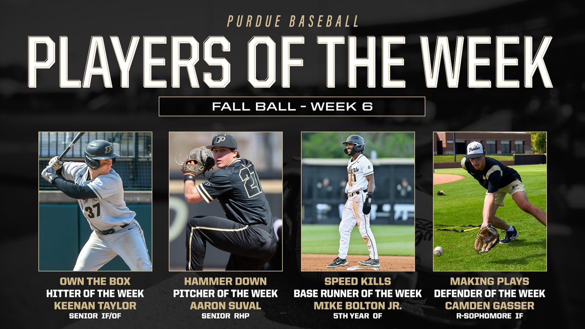 PurdueBaseball's tweet photo. Our final weekly honorees of #FallBall. They finished strong this fall. #BoilerUp 

@Keenan_005 @Aaron_Suval @Mike_Bolton01 @Cam_Gasser3 https://t.co/0tbrLegnUg