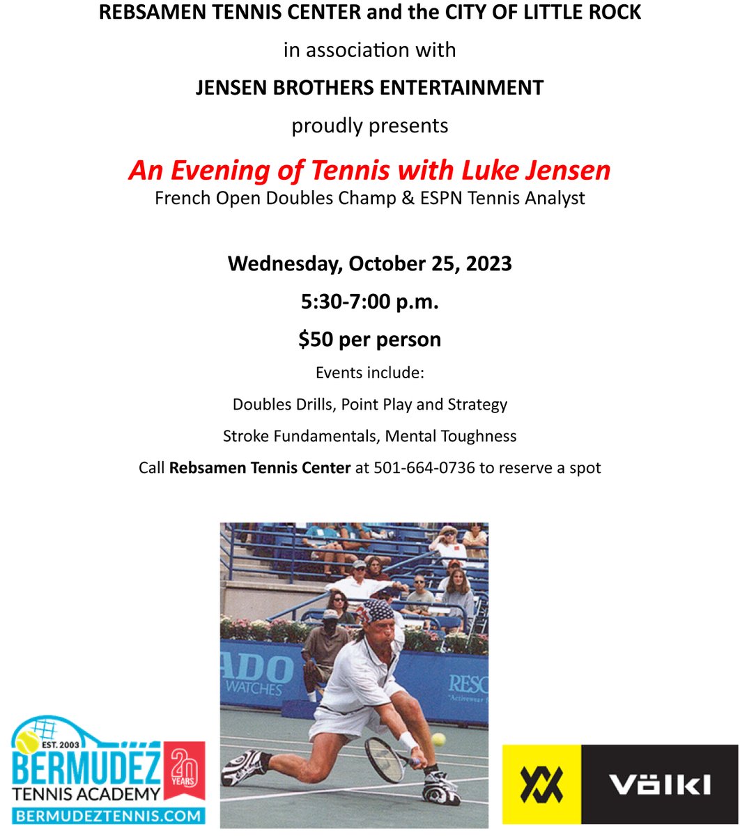 A wonderful last minute opportunity to meet with a former French Open Champion at Rebsamen Tennis Center on Wednesday night. <a href="/CityofLR/">CityofLittleRock</a>