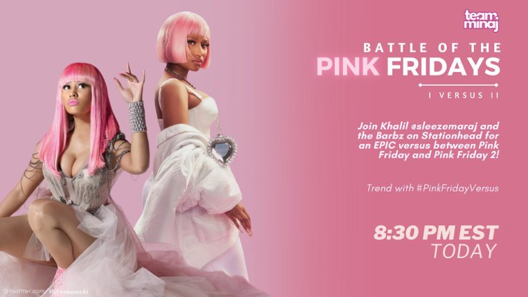 #30DaysOfPF2 — Day 7 is a Verzuz battle between Pink Friday and Pink Friday 2 on <a href="/SleezeMaraj/">Khalil</a>’s Stationhead! 🦄

— RT TO NOTIFY THE FANBASE 🔁