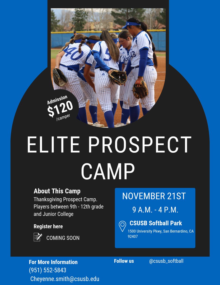 Cheyenne (@coachsmith007) on Twitter photo ๐จSAVE THE DATE๐จ
Elite Prospect Camp
Tues, Nov 21st, 2023
9 a.m. - 4 p.m.
Email Cheyenne.smith@csusb.edu
Registration link: COMING SOON ๐จSAVE THE DATE๐จ
Elite Prospect Camp
Tues, Nov 21st, 2023
9 a.m. - 4 p.m.
Email Cheyenne.smith@csusb.edu
Registration link: COMING SOON