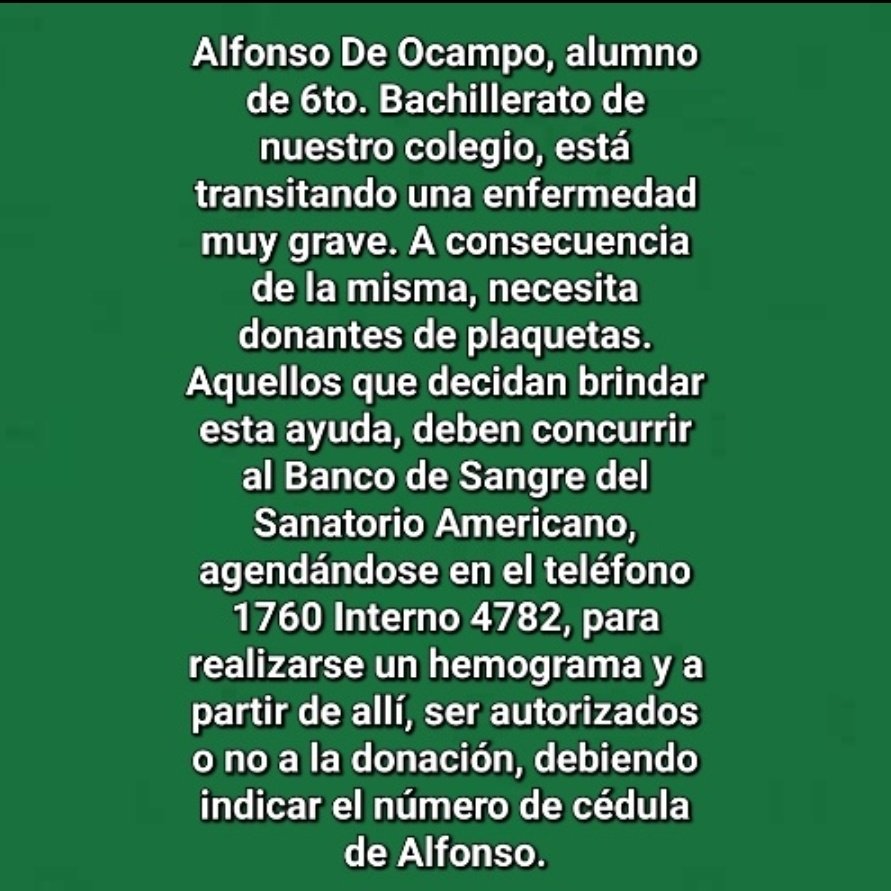 Inst_EDUSchool's tweet photo. Ayudemos a Alfonso, nos necesita! Donemos plaquetas para ayudarlo a superar su grave enfermedad. Juntos podemos. Agradecemos RT, Alfonso merece nuestra ayuda! https://t.co/qQj6nkZOOe