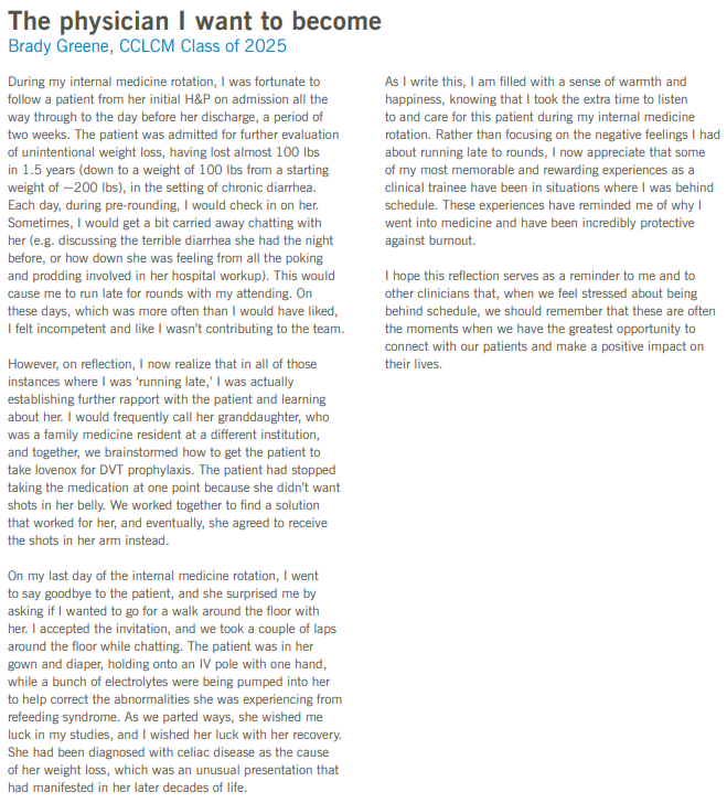 bradydgreene's tweet photo. Latest @CleClinicLCM Stethos is out! Grateful to have had the opportunity to reflect on a patient experience during my IM clerkship that I will always carry with me https://t.co/p9J4RWg6j9 https://t.co/qUIUfFJhe8