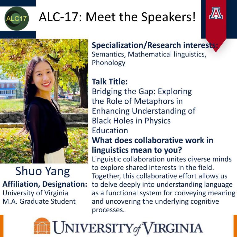 AzLingCircle's tweet photo. Welcome our oral Session 3b presenter, Shuo Yang. 
“Bridging the Gap: Exploring the Role of Metaphors in
Enhancing Understanding of
Black Holes in Physics
Education” 2:20-2:50pm MDT/MST

Join us ! Registration link in bio! #arizona_alc #ALC17 #uarizona https://t.co/KcwEX8A7pe