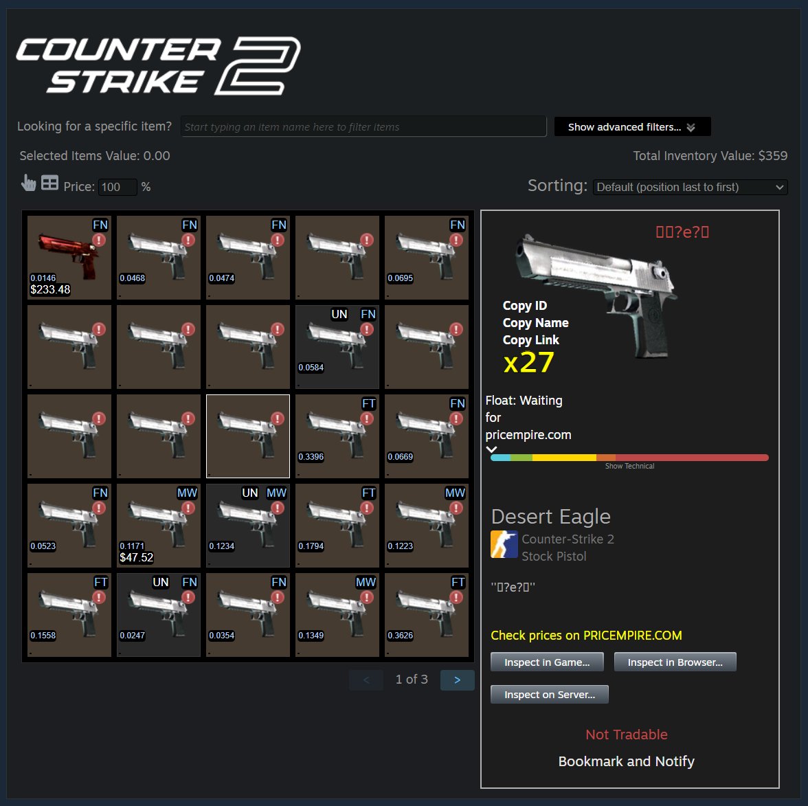 GabensList's tweet photo. There has been a few posts containing misinformation that Valve has "removed tradeable CS2 skins."

That is false. It is a Steam bug where some skins were turned into untradable desert eagles.

To fix this bug, users can launch CS2 or buy something from the Steam Market. https://t.co/xm2NSgmqF8