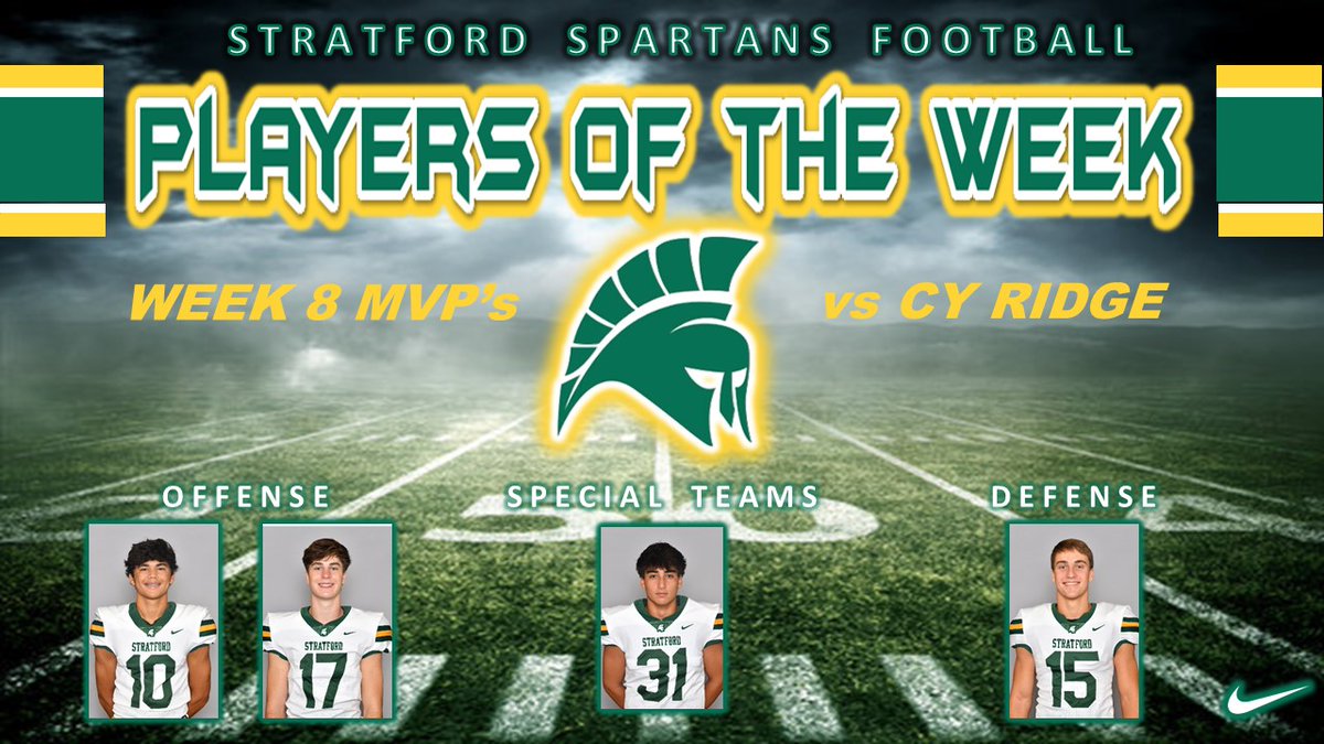 Congrats to these <a href="/StratfordFB1/">Stratford Spartan Football</a> MVP's for week 8!!! Keep grinding and keep improving!!! <a href="/A_deLeonamd1/">Aaron DeLeon</a> <a href="/JackSte86652485/">Jack Stewart</a> <a href="/Ricky_Estrada31/">Ricky Estrada</a> <a href="/JohnCrawford34/">Johnny Crawford</a> <a href="/SHS_BoosterClub/">Stratford Booster</a> <a href="/77079Athletics/">Stratford High School Athletics</a> #SpartanPride