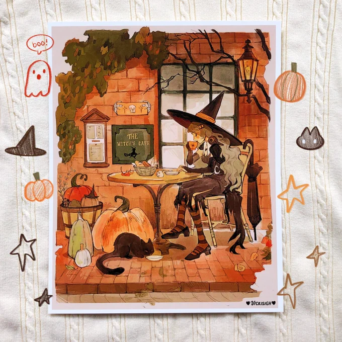 a handful of the spooky merch currently available in my shp! black cats, witches, and magic, oh my!   vickisigh.bigcartel.com