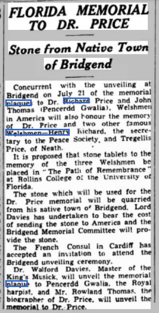 #UNDay I presume Florida memorial to 3 🏴󠁧󠁢󠁷󠁬󠁳󠁿, Dr Richard Price, and those behind Peace Society of 19C, Henry Richard and Tregellis Price, never saw the light of day <a href="/RollinsArchives/">RollinsArchives</a>? It was supposed to be placed at Path of Remembrance, <a href="/rollinscollege/">Rollins College</a>. Source, Western Mail, 1937.