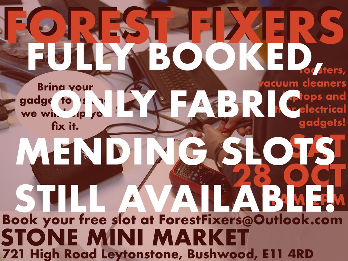 SCALLYWAG_MOSH_PIT (@scallywagmoshpi) on Twitter photo We are now fully booked for electrical fixing this Saturday!
Still space in the #fabric #mending though! Bring some matching #thread and give your worn-out trousers a #newlife!
Next #RepairCafe is on Sun 12th Nov at FridayHall E4 + next #RepairClub on Tues 14th of Nov <a href="/TheMillE17/">The Mill E17</a> We are now fully booked for electrical fixing this Saturday!
Still space in the #fabric #mending though! Bring some matching #thread and give your worn-out trousers a #newlife!
Next #RepairCafe is on Sun 12th Nov at FridayHall E4 + next #RepairClub on Tues 14th of Nov <a href="/TheMillE17/">The Mill E17</a>