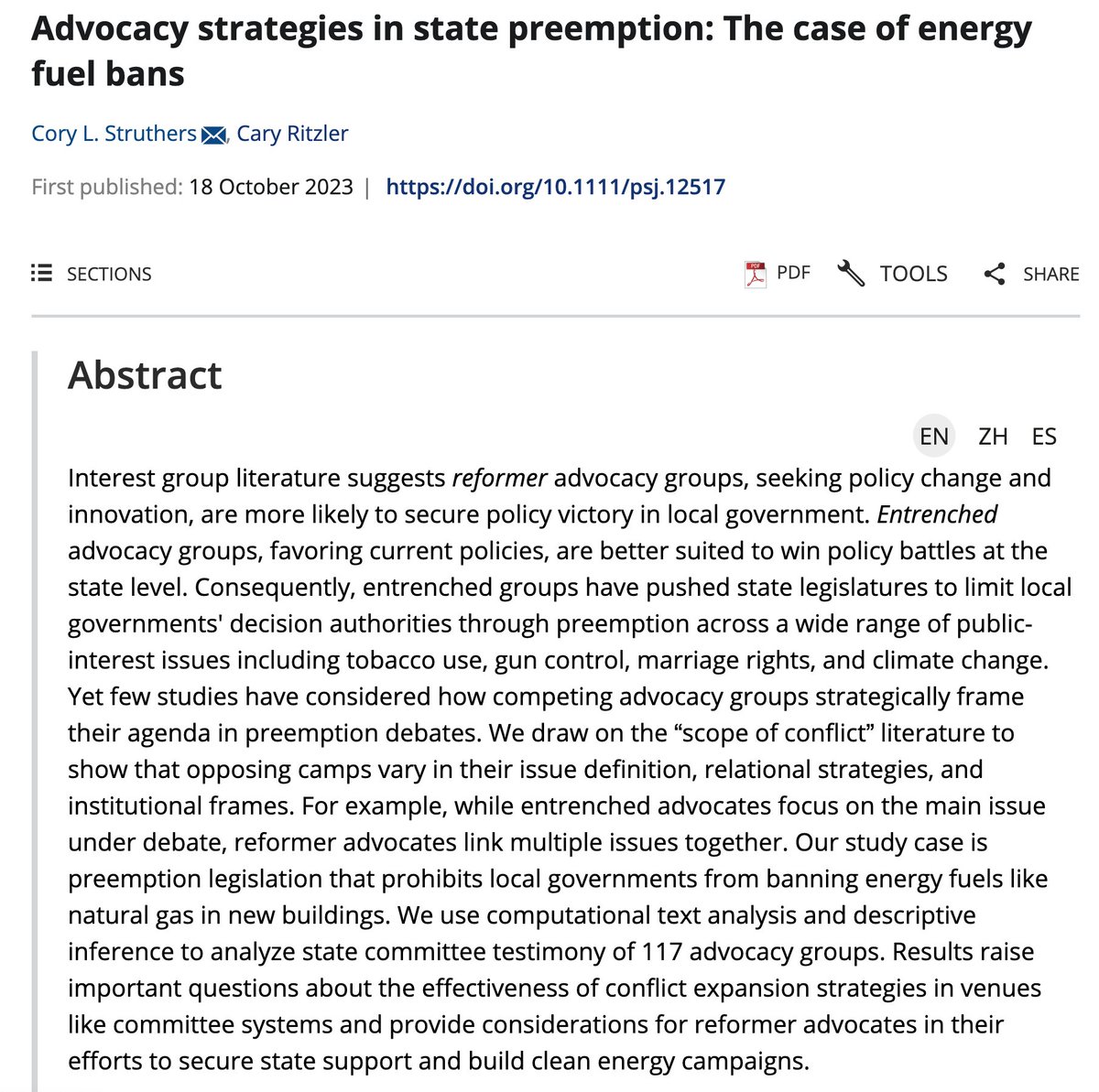corystruthers's tweet photo. Did you know local govts in nearly half of US states can no longer control which energy fuels are used in new construction? We analyze how interest groups framed this preemption debate in state committee hearings &amp; consider implications for strategic policy advocacy @PSJ_editor🧵 https://t.co/d3EWTrJZl1