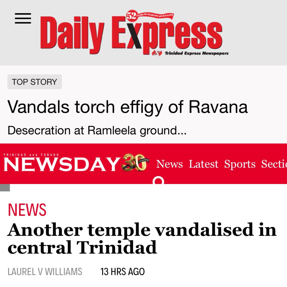 Five incidents of Hindu mandirs being desecrated in two months in Trinidad?