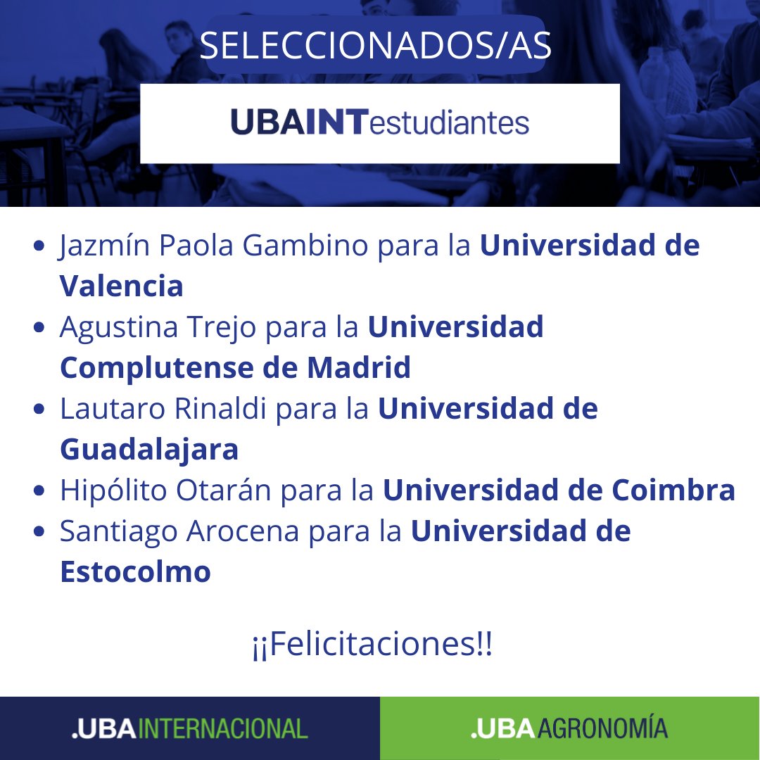 FAUBA_Internac's tweet photo. Felicitamos a todos/as los/as estudiantes de @AgronomiaUBA ganadores/as de las becas UBAINT, Unificada y Osnabrück. 📷📷📷📷
Gracias por toda su dedicación a la hora de postularse. ¡Les deseamos muchos éxitos!
#serfauba #orgullofauba @ubaglobal https://t.co/dkFLDg0lqM