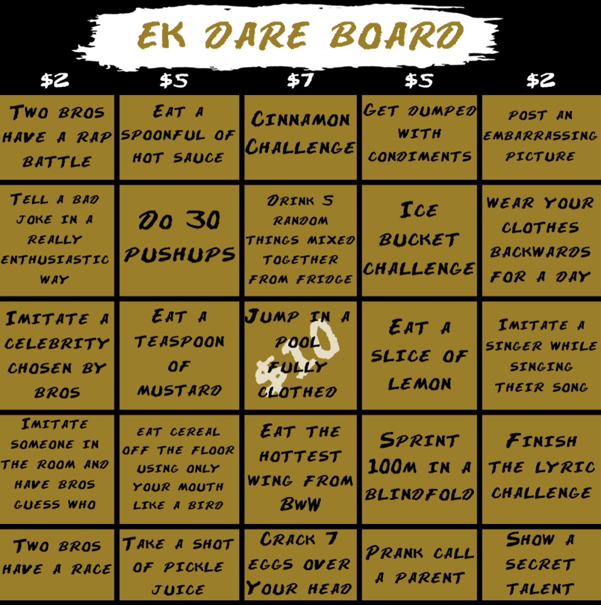 BradleyAlphas's tweet photo. 🔥 Introducing the EK Dare Board submit your dare requests via the link in our bio or send them directly, specifying the dare and your chosen bros! Payment methods available: Zelle 708-465-4648, Cashapp EK19617, Venmo Bradleyalphas. #BradleyAlphas #EKAllDayEveryday https://t.co/ywkn4RCarF